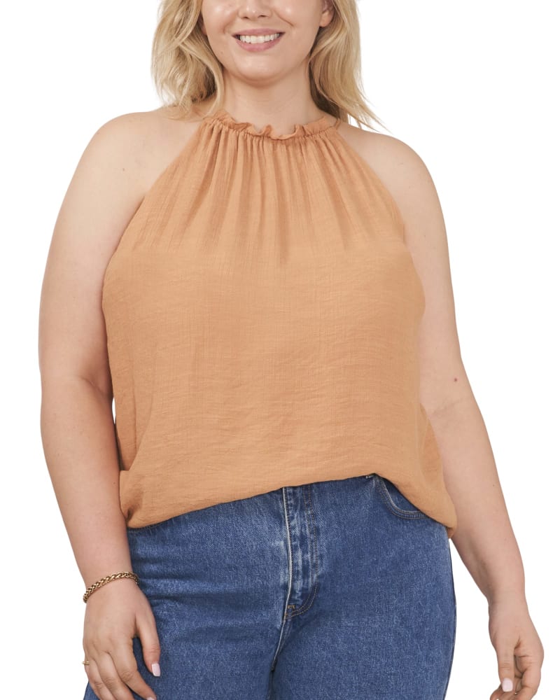 Front of a model wearing a size 0X Niixi Ruched Halter Neck Top in TOASTED NUT by 1.State. | dia_product_style_image_id:262669